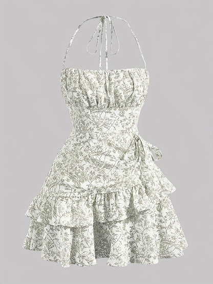 Women's Floral Print Halter Neck Dress - Pink & White Tiered Ruffled Skirt, Lightweight Summer Dress with Zipper Back, Machine Washable for Beach Vacations & Casual Outings, Beach Dress