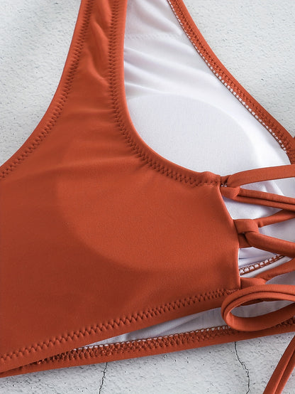 2 Piece Set Bikini - V Neck Criss Cross Straps, Tie Side, High Waist, Solid Color, Layered, Comfortable, Flattering, Women's Swimwear & Clothing for Beach Vacation