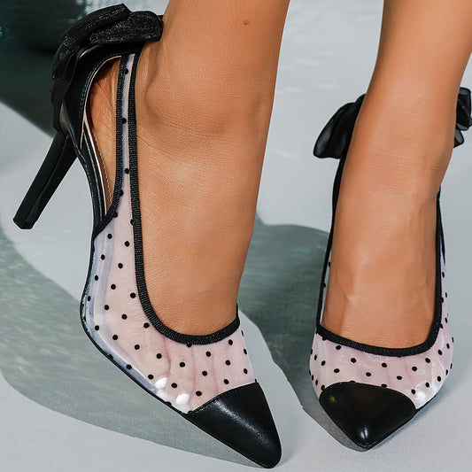 Women's Elegant Black & White Polka Dot Mesh Bowknot Stiletto Heels - Pointed Toe, Slip-On Dress Pumps for Formal Occasions