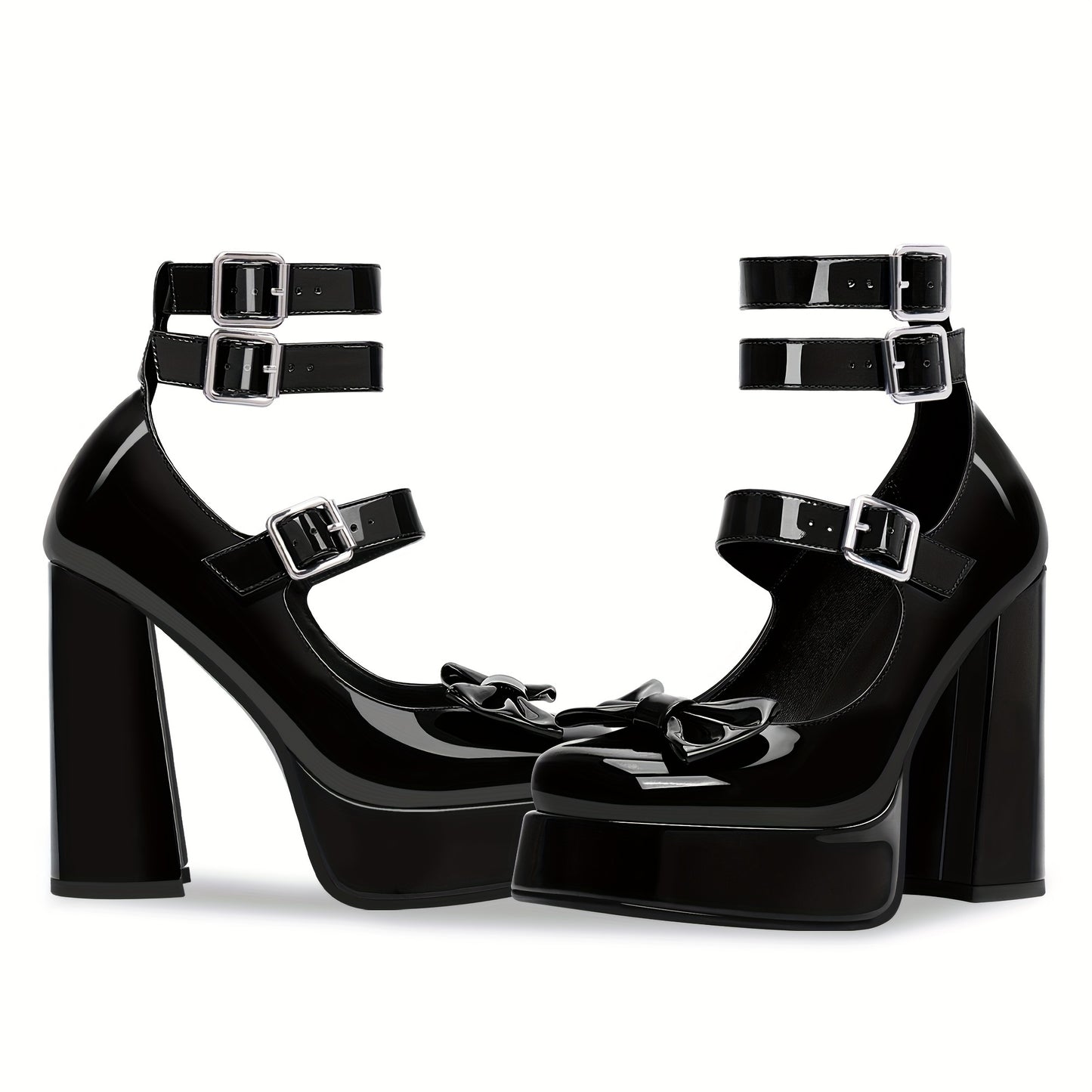 Women's Sweet Bow Platform Mary Jane Pumps Ankle Strap Closed Toe Patent Leather Block High Heels Goth Shoes