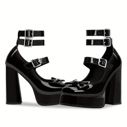 Women's Sweet Bow Platform Mary Jane Pumps Ankle Strap Closed Toe Patent Leather Block High Heels Goth Shoes