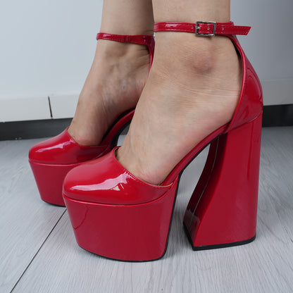 Elegant Square Toe Block Heel Pumps for Women - Solid Color Patent Faux Cover Ankle Strap Mary Jane High Heels with Buckle Closure, All-Season Dress Shoes