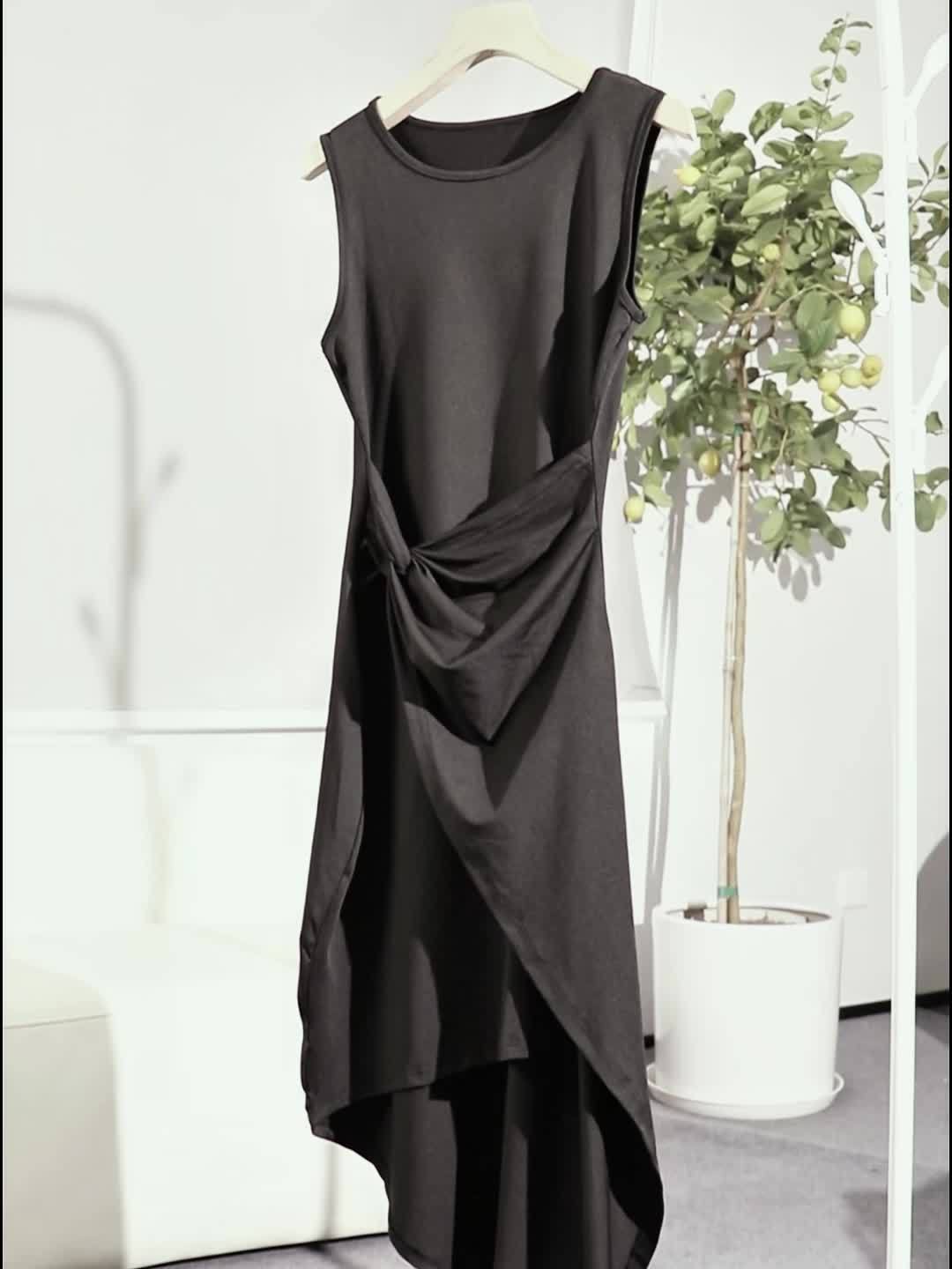 Elegant Women's Summer Dress: Twist Asymmetrical Hem Crew Neck Sleeveless Dress for Women