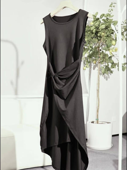 Elegant Women's Summer Dress: Twist Asymmetrical Hem Crew Neck Sleeveless Dress for Women