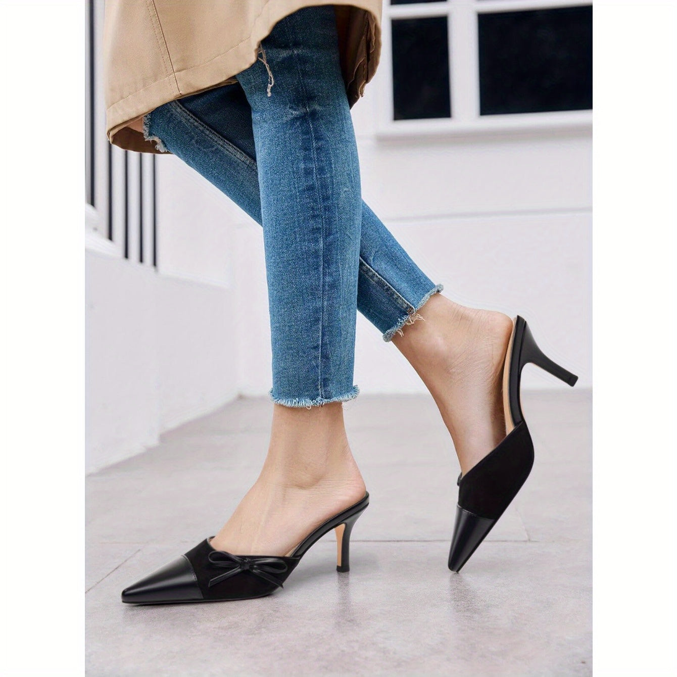 Women'S Two Color Bow Tie Mueller Shallow Dating Shoes Heels Closed Pointed Toe Slip On Backless Wedding Dress Shoes