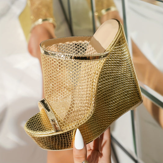 Elegant Golden Snake-Pattern Wedges | Women's Summer Slip-on Platform Heels with Round Toe | Polyurethane Upper & Inner, Rubber Sole | Ultrahigh 5.51inch Heel | Huizhou Crafted Mesh Peep-Toe Sandals