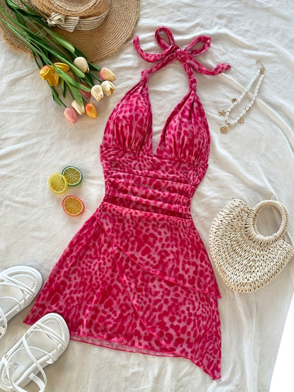 Women's Retro Leopard Print Halter Neck Backless Dress with Ruching & Mesh Detail - Lightweight Summer Vacation Beach Party Dress, Machine Washable, Beach Dresses