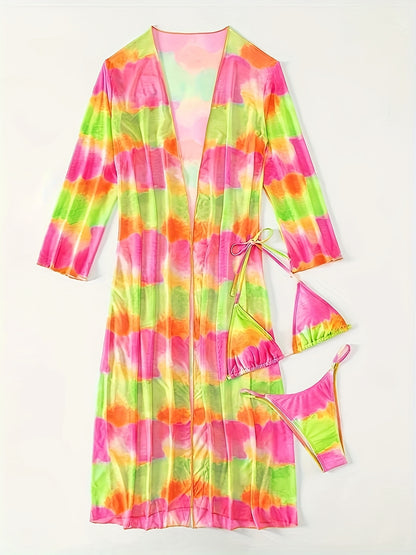Chic Tie-Dye Bikini Set for Women - V-Neck, High Stretch, Non-Transparent Swimwear with Matching Cover-Up Skirt