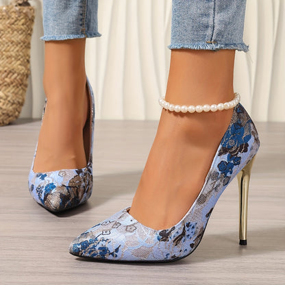 Elegant Floral Embroidered Stiletto Pumps - Lightweight Pointed Toe Dress Heels with Sequins, Fabric Upper & Rubber Sole - All Season Comfort Footwear for Women - Perfect for Parties & Weddings