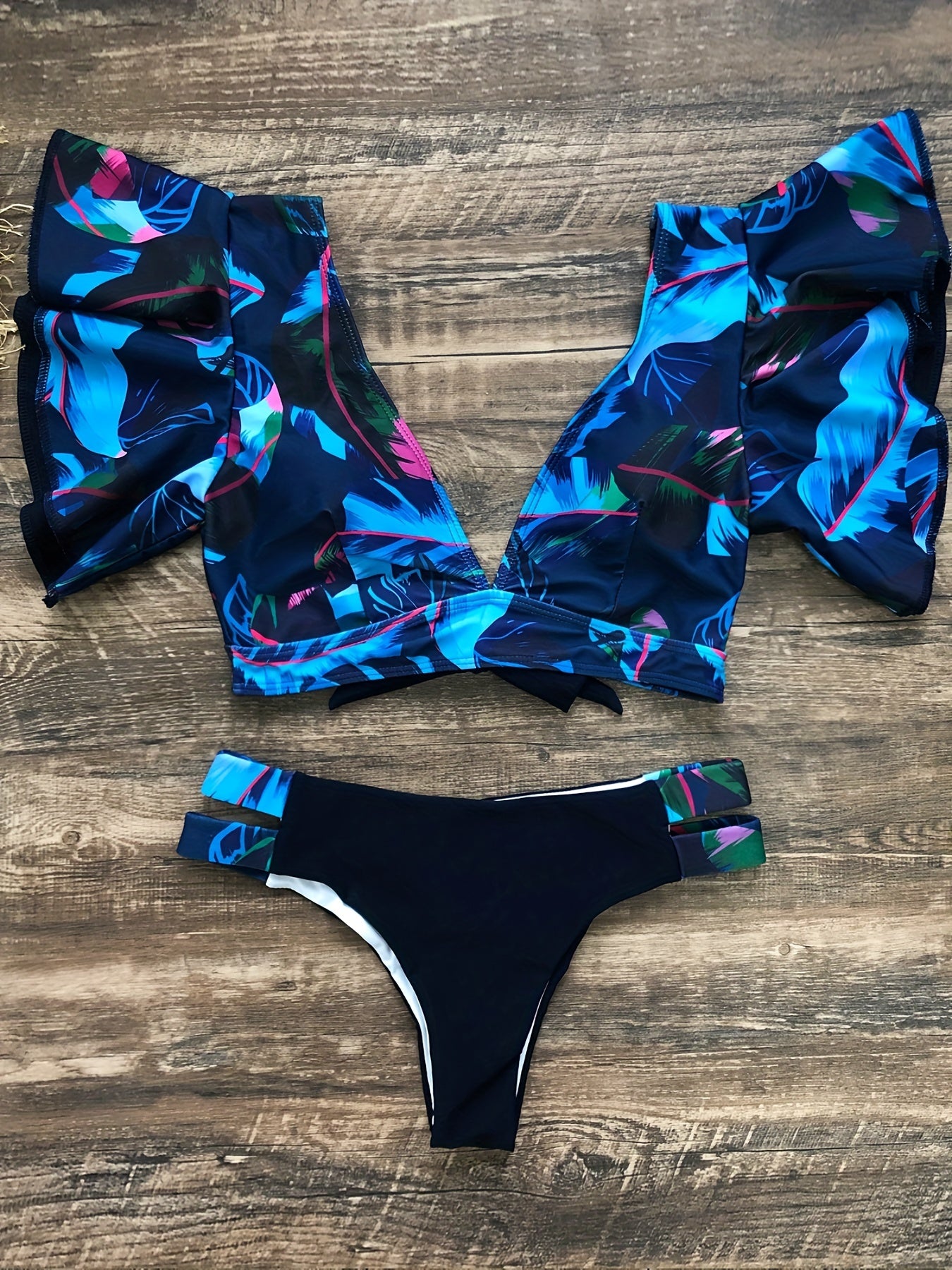 Plant Print Ruffle V Neck Bikini, Tie Back High Strech 2pcs Swimsuit for Pool Bathing, Women's Swimwear & Clothing Koningsdag/King's Day