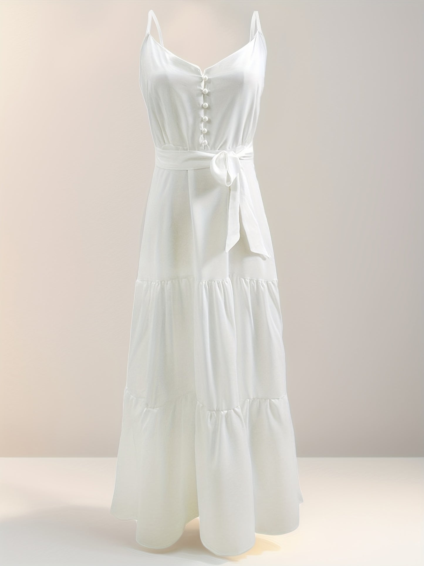 Women's Summer Dress - Solid Color, Buttoned Waist, Layered Suspender Design for Casual Wear