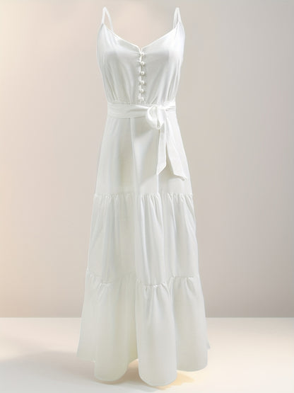 Women's Summer Dress - Solid Color, Buttoned Waist, Layered Suspender Design for Casual Wear
