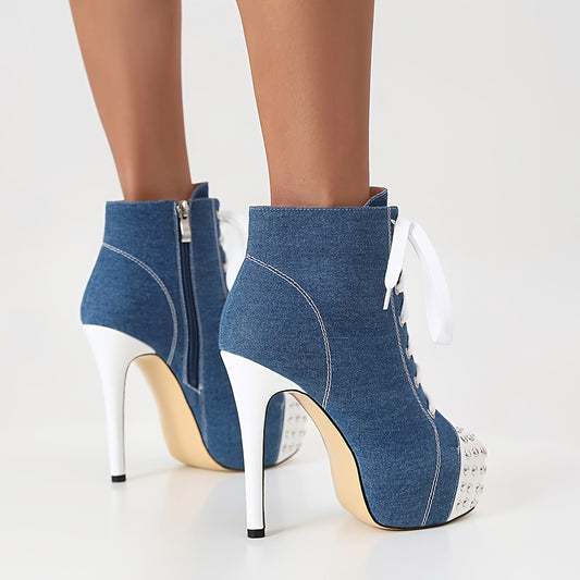 Women's Fashion Ankle Boots with Adjustable Strap, Platform Stiletto Heels, Round Toe Rivet Detail, Side Zipper, British Style Mid-Calf Color Block Boots for Parties and Shopping