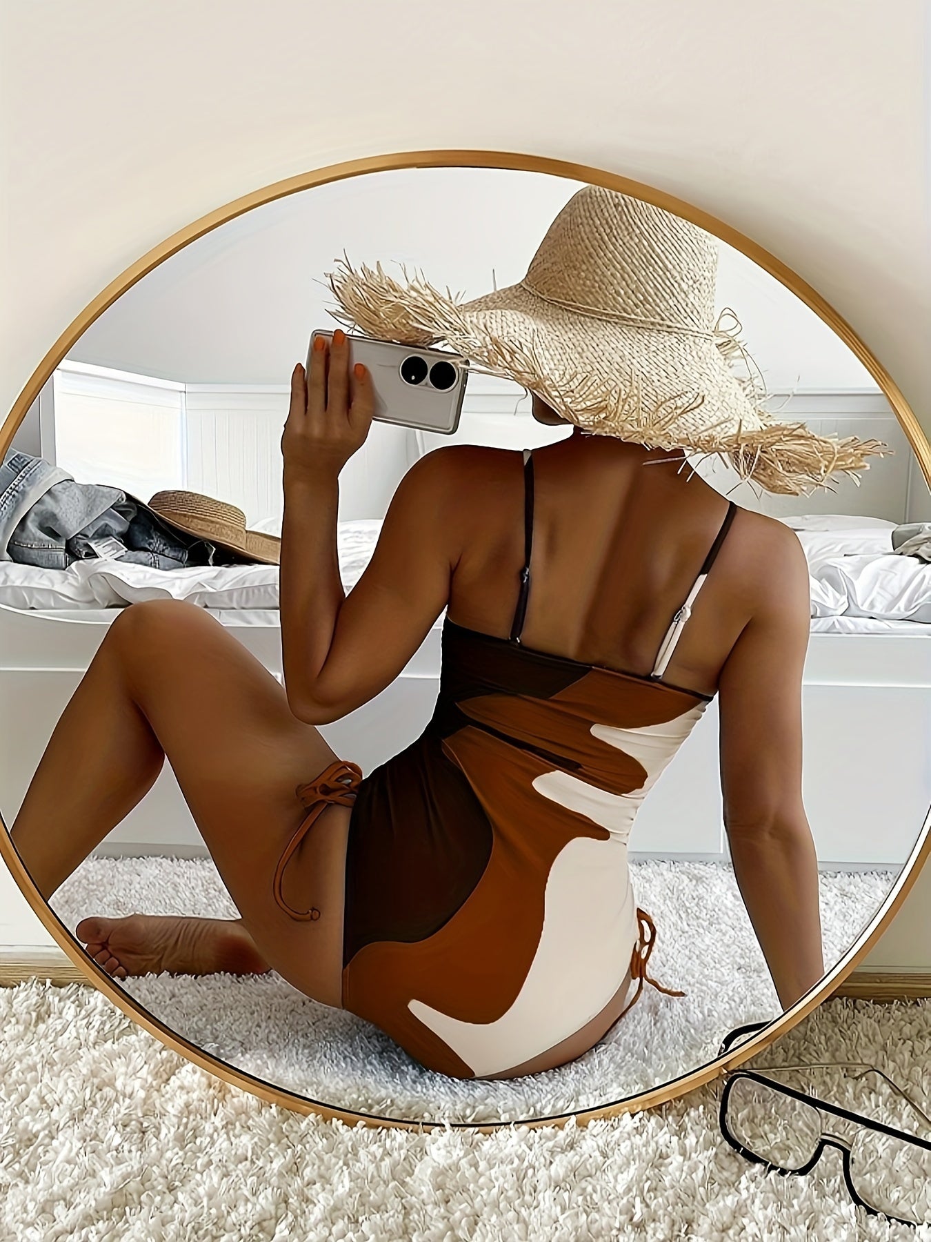 Blue Color Block Drawstring One-piece Swimsuit, Spaghetti Strap High Stretch Bathing Suits, Women's Swimwear & Clothing