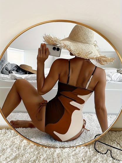 Blue Color Block Drawstring One-piece Swimsuit, Spaghetti Strap High Stretch Bathing Suits, Women's Swimwear & Clothing