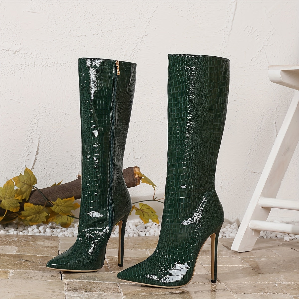 1pr Elegant Crocodile Pattern Knee-High Boots for Women - All-Season Zippered Stiletto Heels with Pointed Toe, Polyurethane Upper, Fabric Lining, Rubber Sole - Fashionable Western Style Casual Boots