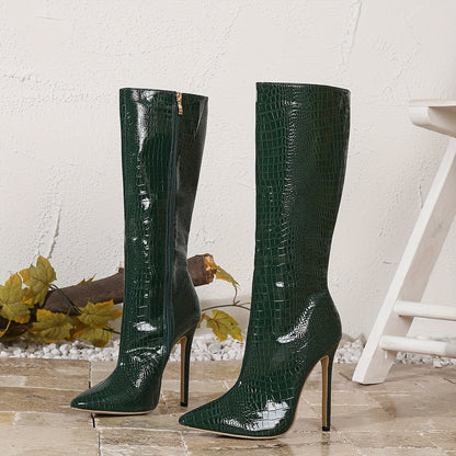 1pr Elegant Crocodile Pattern Knee-High Boots for Women - All-Season Zippered Stiletto Heels with Pointed Toe, Polyurethane Upper, Fabric Lining, Rubber Sole - Fashionable Western Style Casual Boots