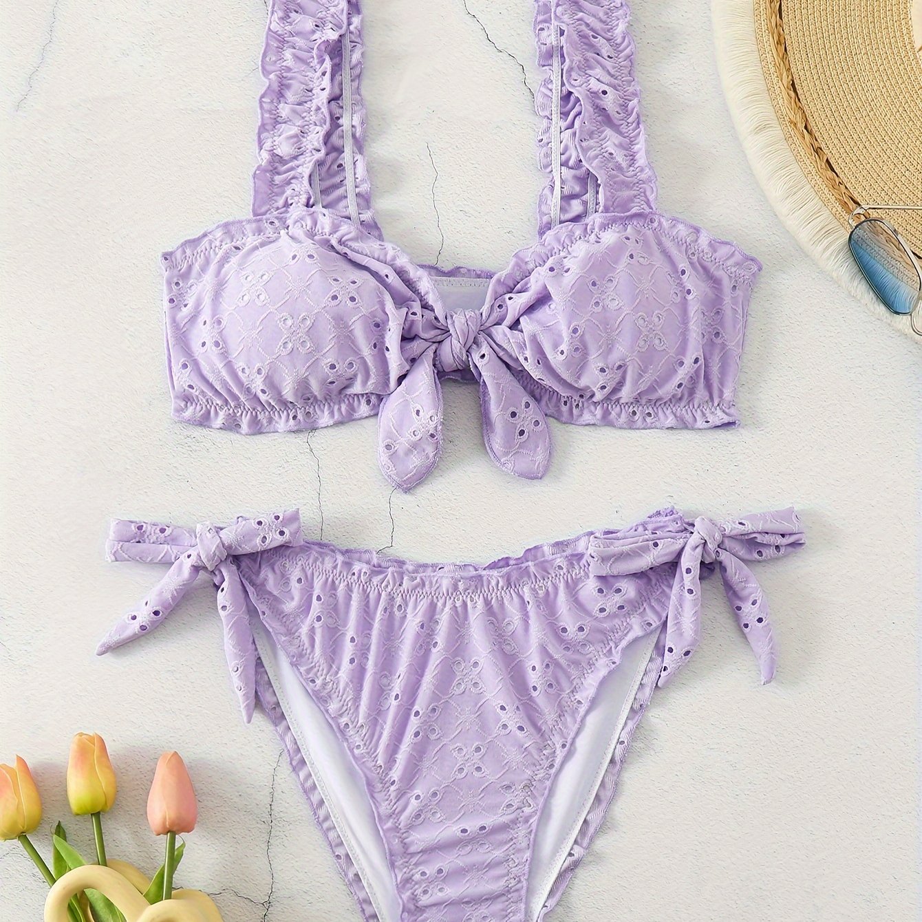 2 Piece Eyelet Embroidery Frill Stretchy Knot Bikini Set - Cute, Comfortable, and Chic Women's Swimwear with Plain White Color - Perfect for Beach, Pool, and Summer Vacation