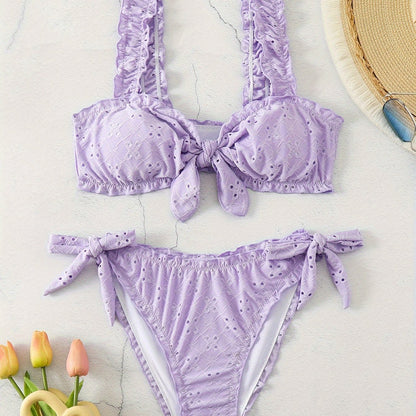 2 Piece Eyelet Embroidery Frill Stretchy Knot Bikini Set - Cute, Comfortable, and Chic Women's Swimwear with Plain White Color - Perfect for Beach, Pool, and Summer Vacation