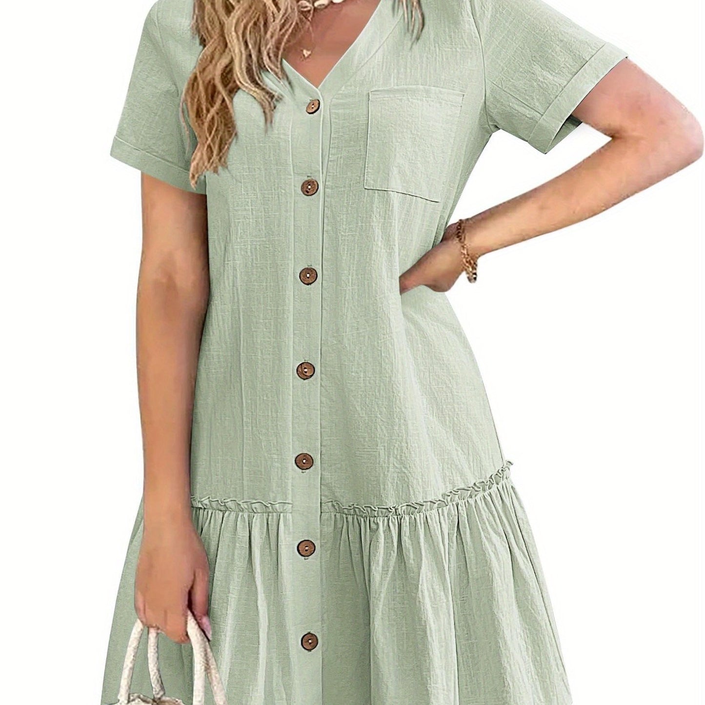 Women's Casual Short Sleeve Button- Dress with Ruffle Hem - Lightweight 300gsm V-Neck Tunic Shirt Dress, Machine Washable Summer Dress for Beach Outings & Casual Wear, Summer Casual Dress | Ruffle Hem Dress | Breathable Fabri