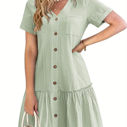 Women's Casual Short Sleeve Button- Dress with Ruffle Hem - Lightweight 300gsm V-Neck Tunic Shirt Dress, Machine Washable Summer Dress for Beach Outings & Casual Wear, Summer Casual Dress | Ruffle Hem Dress | Breathable Fabri