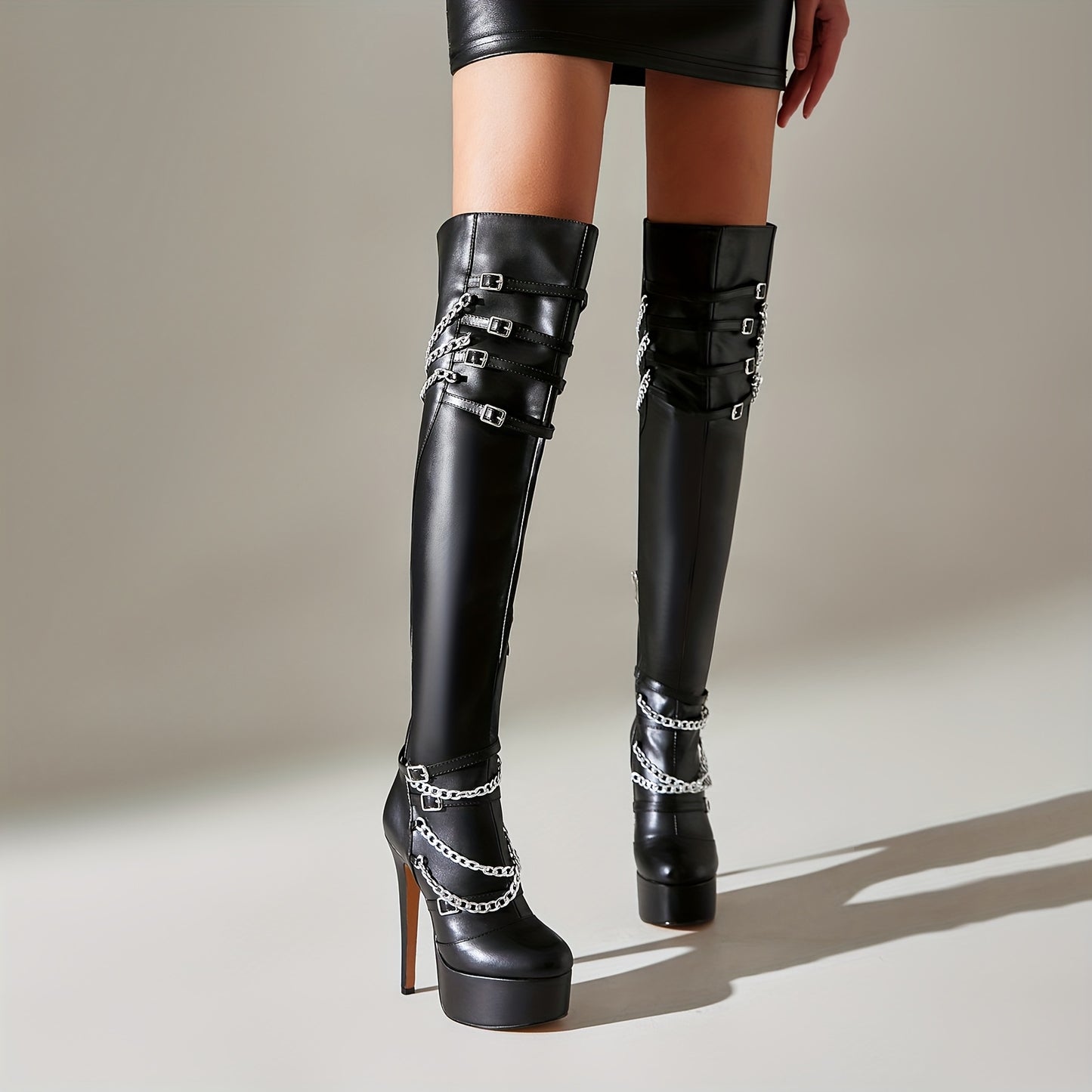 [Elegant] Women's Black Faux Cover Over-the-Knee Boots with Chain Buckles, High Stiletto Heels & Side Zipper - Stylish Thigh-High Platform Boots for Fashion & Music Festivals, High Heel Boots
