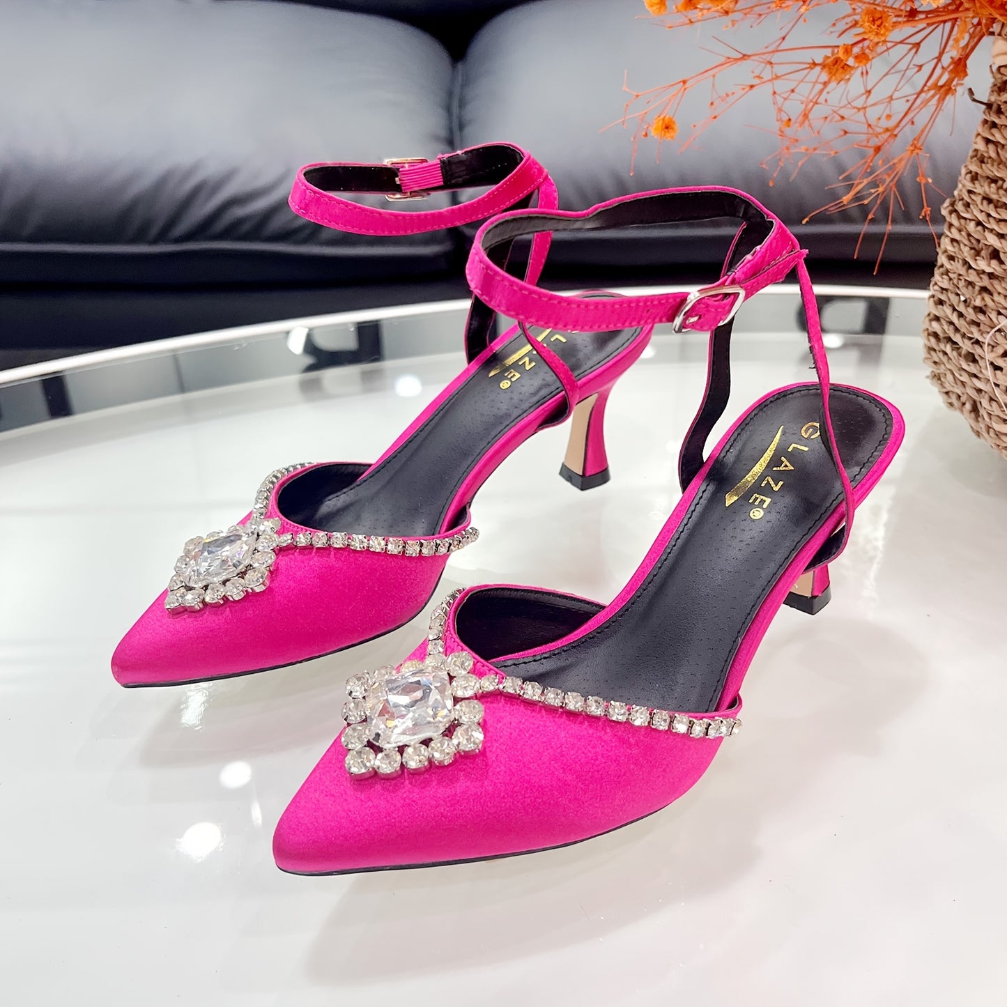 Women's Elegant Pink Satin High Heels with Rhinestone Embellishment, Ankle Strap & Pointed Toe - Perfect for Weddings, Parties & Formal Events, Elegant Event Shoes | Sophisticated Style | Heel Strap Sandals, Stiletto Heels