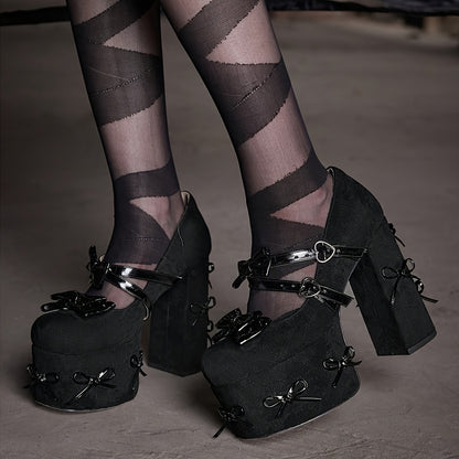 Stylish Black Cover High Heels with Decorative Bow Pendant – Comfortable Block Heel Pumps for Women, Perfect for Formal Occasions, Summer Vacations, and Gothic Style