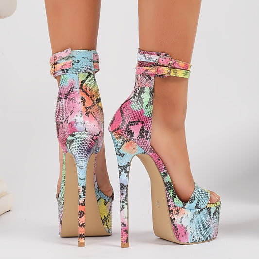 1 Pair European/American Style Multicolor Snakeskin Print Stiletto High Heels, Open Toe Ankle-Strap Buckle Closure, All-Season Fashion Sandals with Waterproof Platform, Man-Made Upper/Inner/Sole/Insole, Non-Washable