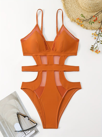 Solid Color Mesh Contrast Cut Out One Piece Swimsuit, V Neck Spaghetti Strap High Cut Stretchy Bathing Suits, Women's Swimwear & Clothing for Koningsdag/King's Day