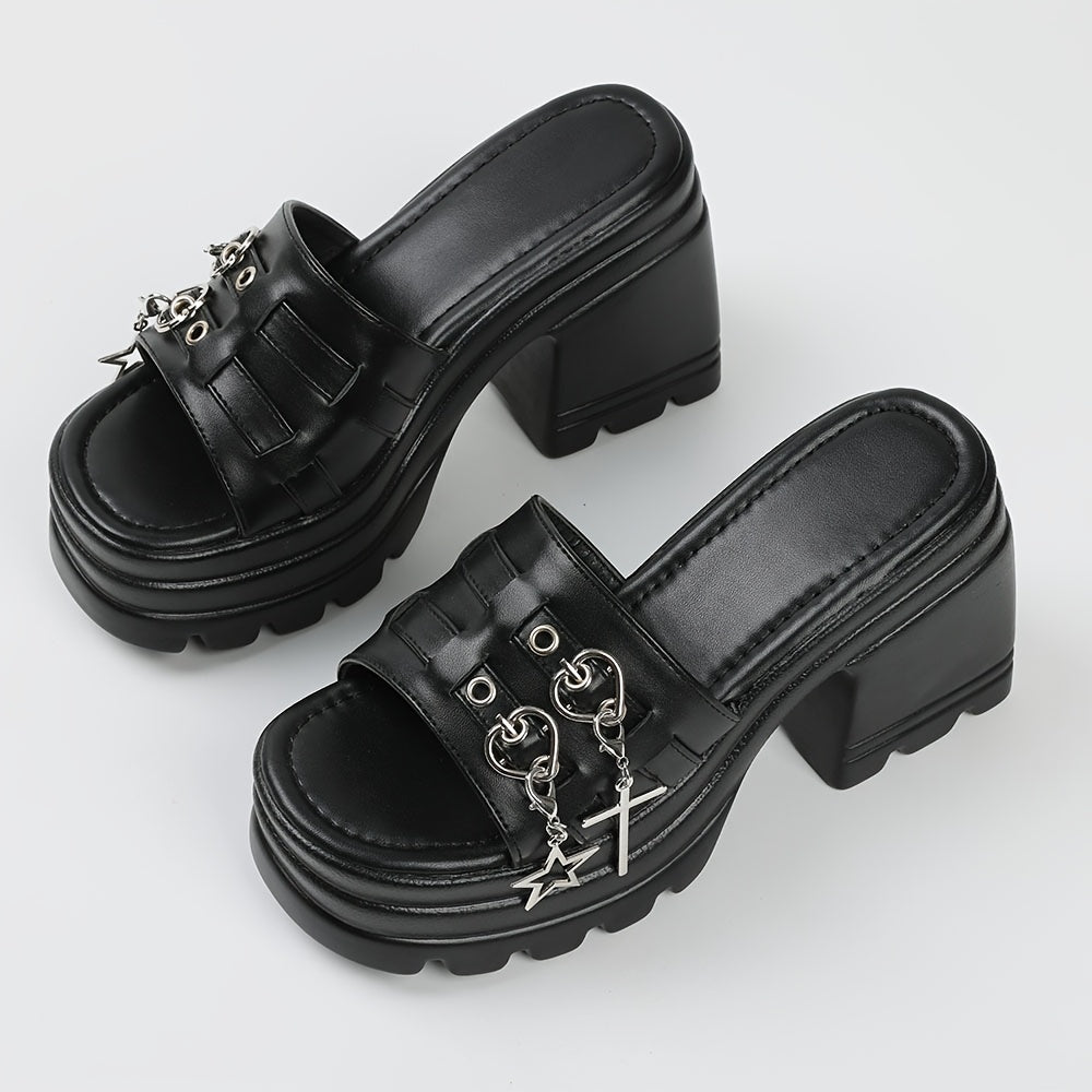 Summer Women's Gothic Sandals Black Punk Heart Decor Chunky High Heels Halloween Open Toe Fashion Y2k Mules Slides Shoes Women