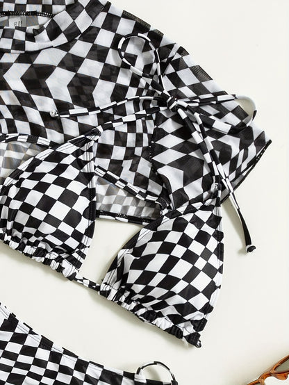 Chic Plaid Bikini Set - 3-Piece with Short Sleeve Cropped Cover Up - Adjustable Halter Tie Strap Swimsuits - Premium Womens Swimwear Collection