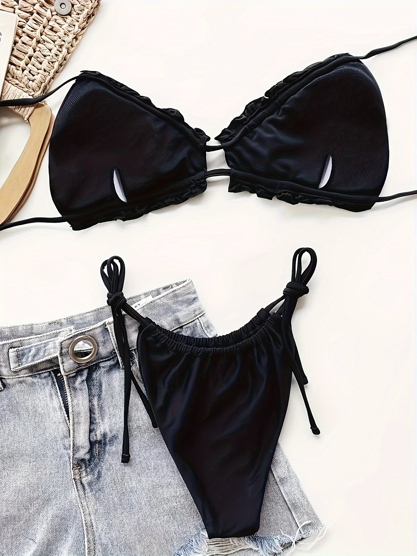 Solid Color 2 Piece Set Bikini, Frill Trim Halter Bra & Thong Bottom Swimsuits, Women's Adjustable Swimwear & Clothing