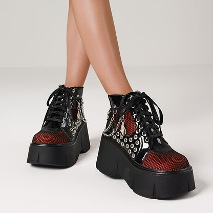 Women's Gothic Punk Ankle Boots with Chain Accents, Round Toe Platform Wedge Heels, Side Zipper & Shoelace Closure, Fashionable Cosplay Party Street Shoes, Ladies Dress Shoes