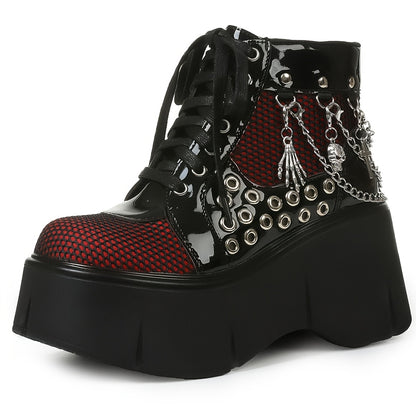 Women's Gothic Punk Ankle Boots with Chain Accents, Round Toe Platform Wedge Heels, Side Zipper & Shoelace Closure, Fashionable Cosplay Party Street Shoes, Ladies Dress Shoes