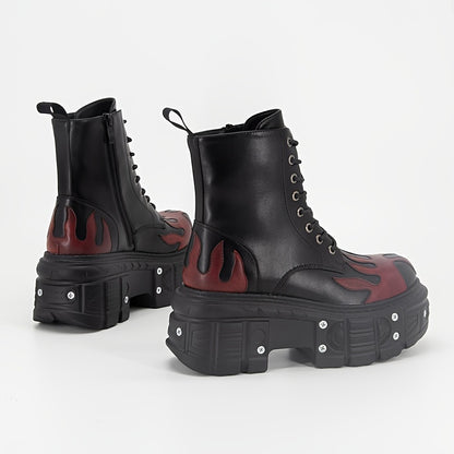 Halloween Women'S Flat Platform Ankle Boots Black High Heels Round Toe Thick Sole Mid Calf Booties Metal Decor Y2K Fashion Sports Shoes