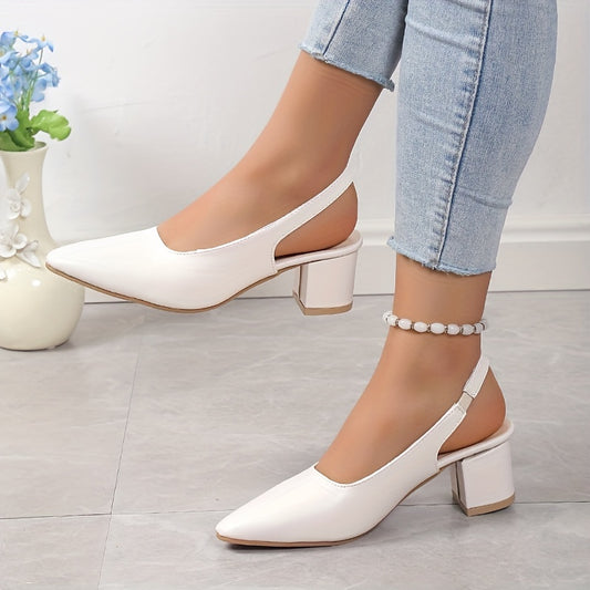 Women's Chunky Heeled Sandals, Pointed Toe Sling Back Solid Color High Heels, Women's Footwear