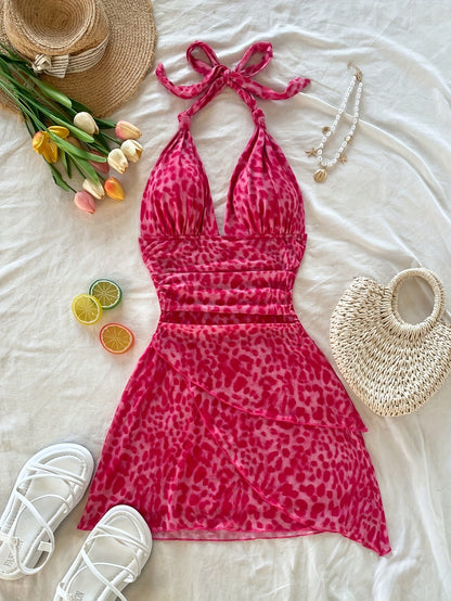 Women's Retro Leopard Print Halter Neck Backless Dress with Ruching & Mesh Detail - Lightweight Summer Vacation Beach Party Dress, Machine Washable, Beach Dresses