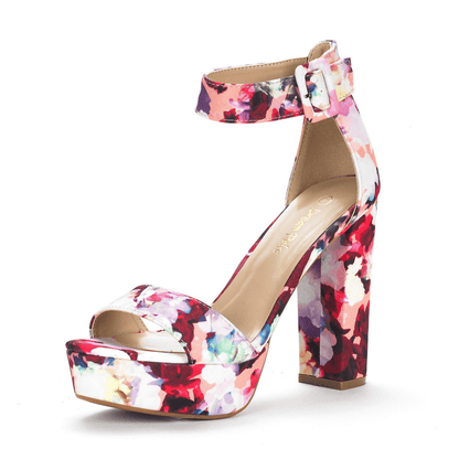 Women's Floral Print High Heel Sandals with Ankle Strap – Elegant Thick Heel Platform Pumps for Parties, Open Toe Design, Fabric Upper & TPR Sole, Hand Wash or Dry Clean, Elegant Sandals | Floral High Heels | Fabric Upper S