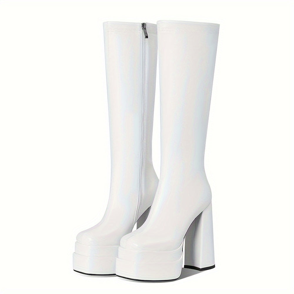 Platform Boots For Women Square Toe Chunky High Heels White GoGo Boots Side Zipper Stretch Knee High Boots