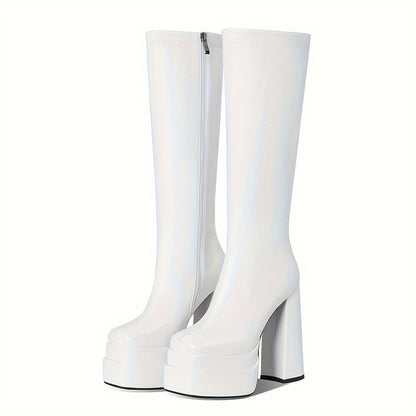 Platform Boots For Women Square Toe Chunky High Heels White GoGo Boots Side Zipper Stretch Knee High Boots