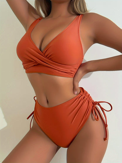 2 Piece Set Bikini - V Neck Criss Cross Straps, Tie Side, High Waist, Solid Color, Layered, Comfortable, Flattering, Women's Swimwear & Clothing for Beach Vacation