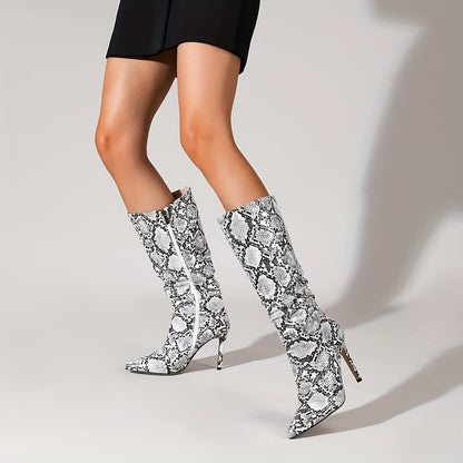 Women's Snakeskin Knee High Boots: Exquisite Pointed Toe, Fine High Heels, Pleated Design