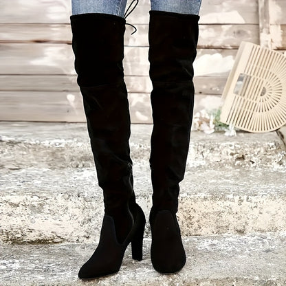 Women's Solid Colored Long Boots With Thick Heels And Side Zippers, Knee Boots, Winter Lace Round Toe Repair Boots