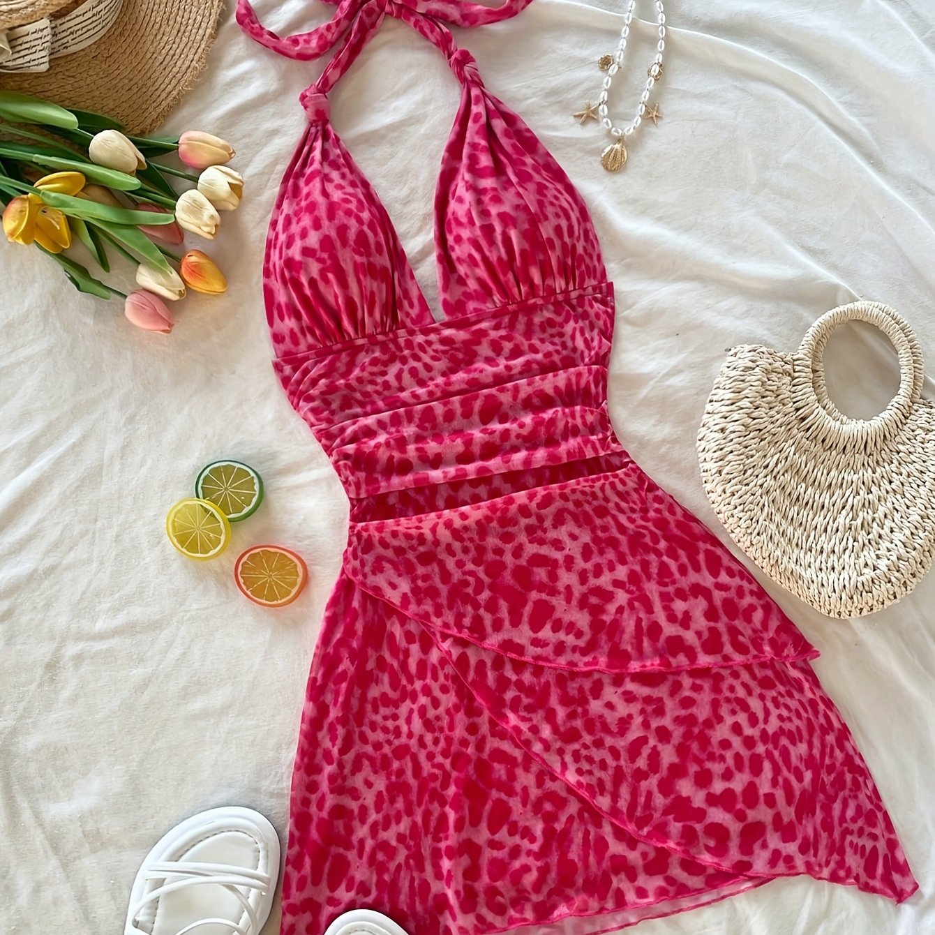 Women's Retro Leopard Print Halter Neck Backless Dress with Ruching & Mesh Detail - Lightweight Summer Vacation Beach Party Dress, Machine Washable, Beach Dresses