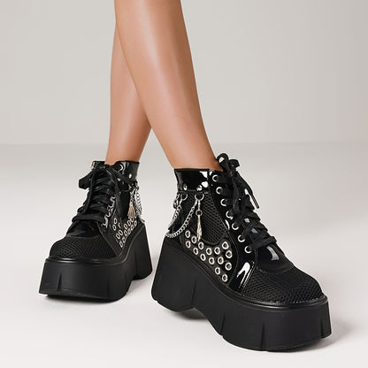 Women's Gothic Punk Ankle Boots with Chain Accents, Round Toe Platform Wedge Heels, Side Zipper & Shoelace Closure, Fashionable Cosplay Party Street Shoes, Ladies Dress Shoes