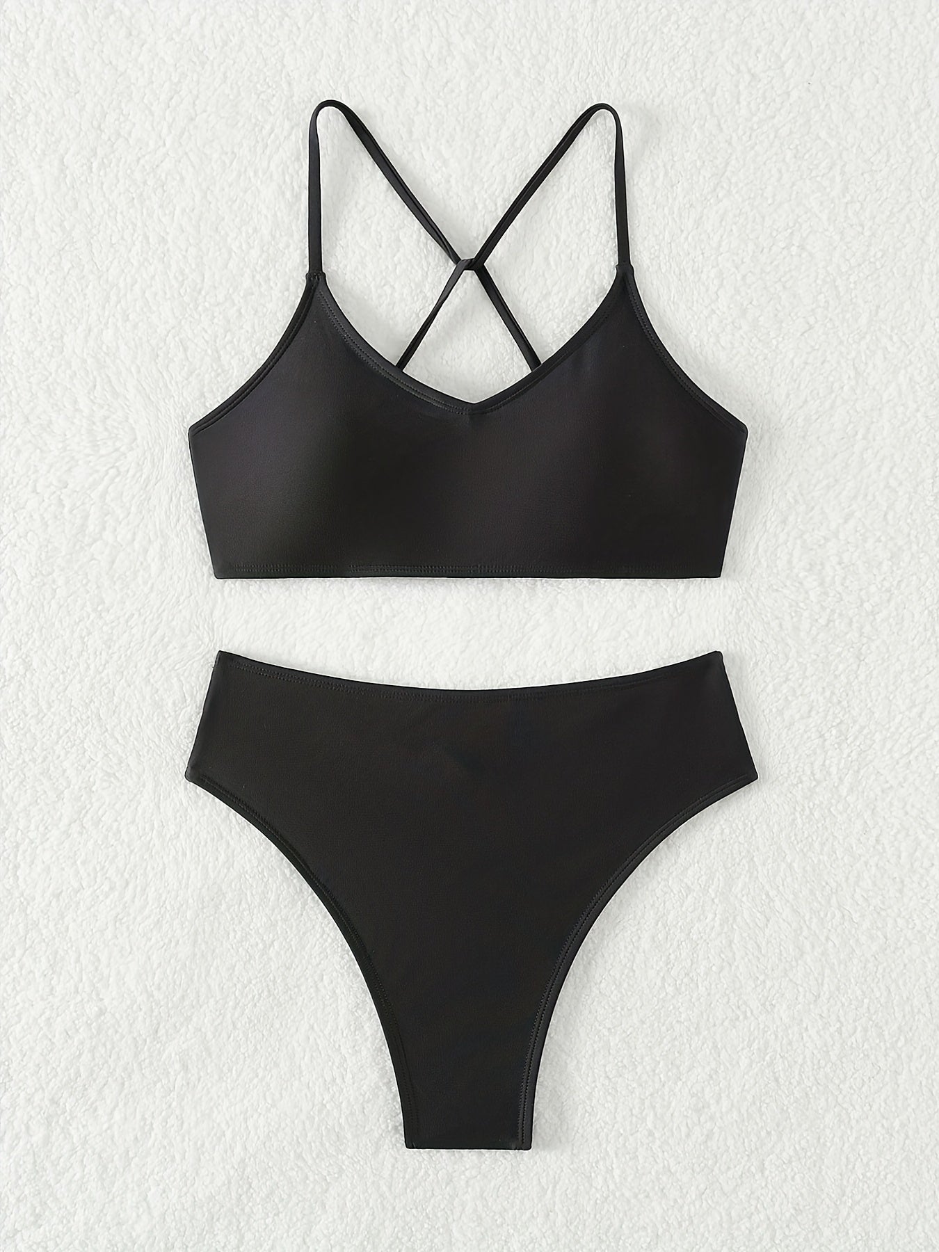 2-Piece Criss Cross Tie Back Bikini Set - Chic Hollow Out Design, Stretchy Solid Black - Comfortable Beachwear for Women