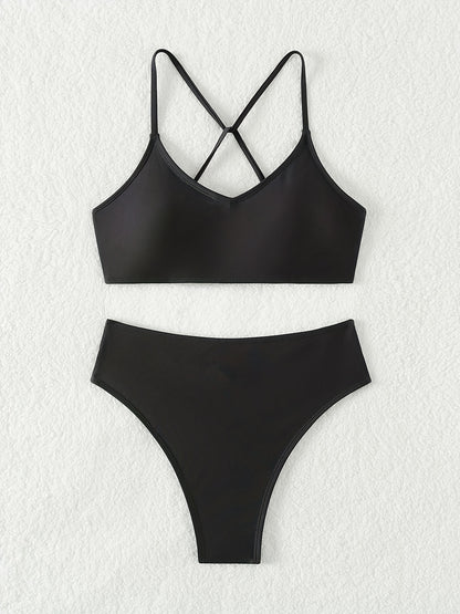 2-Piece Criss Cross Tie Back Bikini Set - Chic Hollow Out Design, Stretchy Solid Black - Comfortable Beachwear for Women