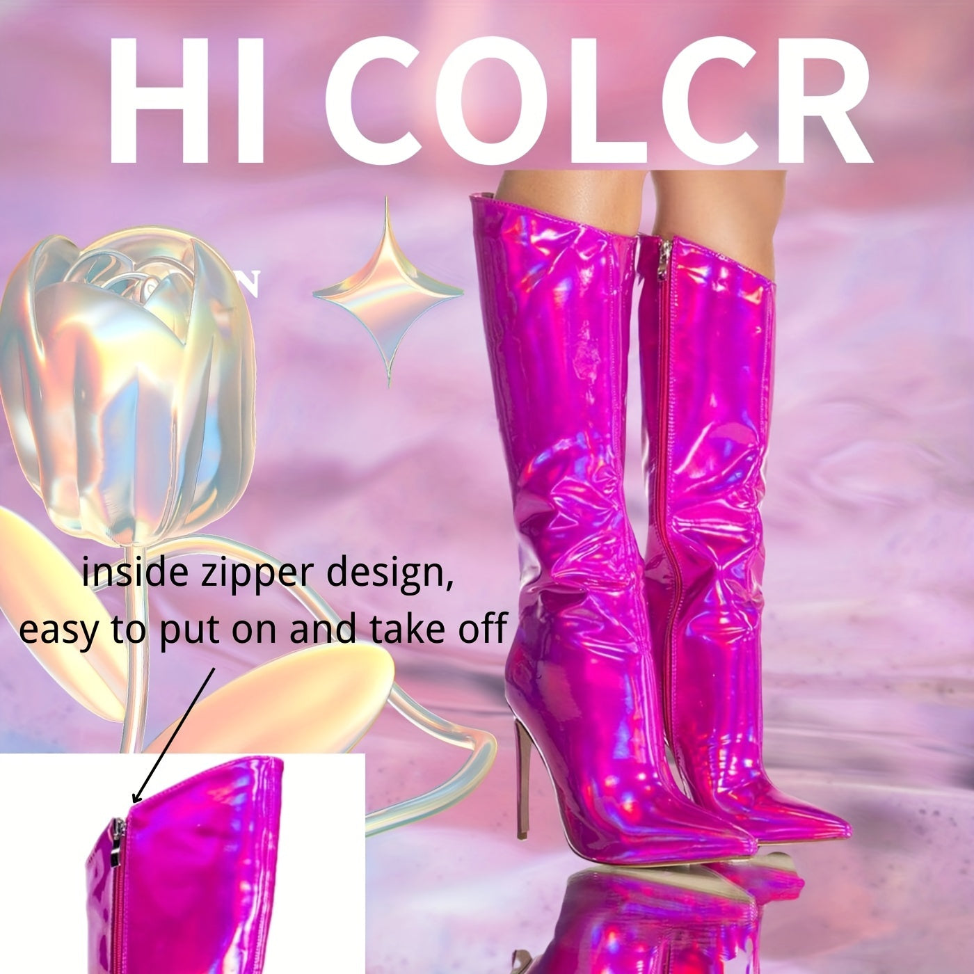 Women's Illusion Color Wrinkles Tall Boots Fashion High Heels Thin Heels Side Zipper Shoes Ladies Shiny Winter Pleated Long Boots