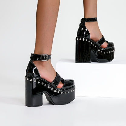 Summer Women'S with Thick Heels, Waterproof Platform, Rivet Design, Open-Toe, And Hollow Strap in Larger Sizes.